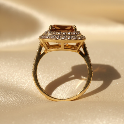 14K Yellow Gold Honey Citrine & White Sapphire Double Halo Ring - side profile