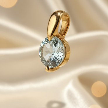 14K yellow gold 2.3ct round aquamarine solitaire pendant, three-quarter side view