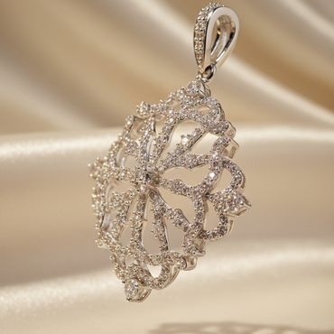 10K white gold .50ctw diamond open filigree snowflake pendant, side angle view
