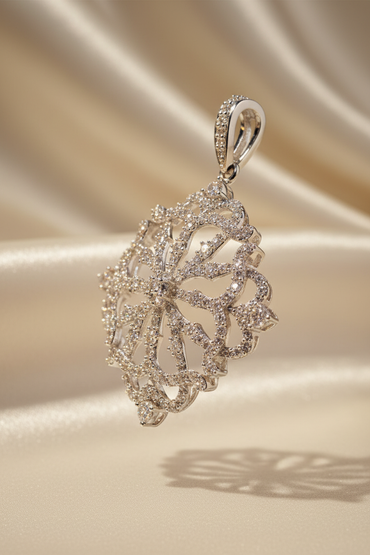 10K white gold .50ctw diamond open filigree snowflake pendant, side angle view