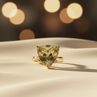14K Yellow Gold Trillion Olive Quartz Ring side profile on cream satin