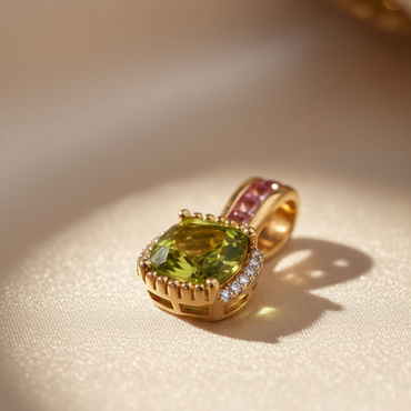 14K Yellow Gold Cushion Peridot, Pink Tourmaline & Diamond Pendant - Front View