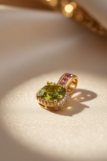 14K Yellow Gold Cushion Peridot, Pink Tourmaline & Diamond Pendant - Front View