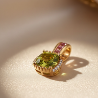 14K Yellow Gold Cushion Peridot, Pink Tourmaline & Diamond Pendant - Front View