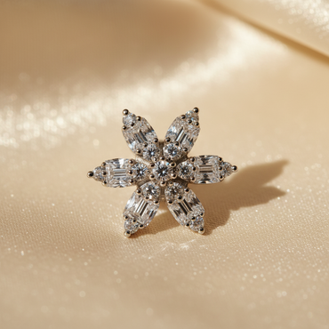 Single 10K white gold natural diamond flower cluster stud earring close-up showing marquise and baguette diamond petals