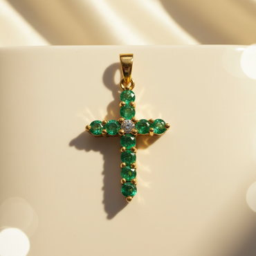 14K Yellow Gold Emerald & Diamond Cross Pendant - Front View