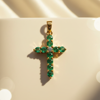 14K Yellow Gold Emerald & Diamond Cross Pendant - Front View
