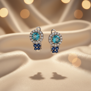 14K White Gold Blue Topaz, Sapphire & Diamond Halo Earrings - Front View
