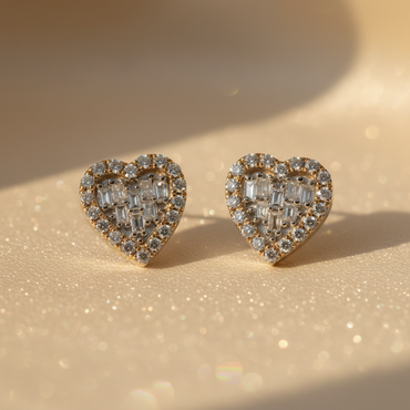 10K white gold diamond heart stud earrings with baguette center and round brilliant pavé border, angle 3