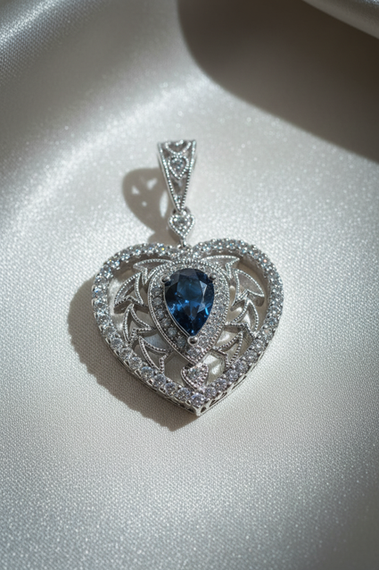 18K White Gold Sapphire & Diamond Vintage Filigree Heart Pendant - angle 2