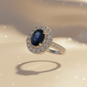 14K White Gold Blue Sapphire & Diamond Halo Ring - 3/4 Front View