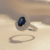 14K White Gold Blue Sapphire & Diamond Halo Ring - 3/4 Front View