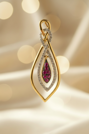 14K Yellow Gold Ruby & Diamond Double Teardrop Pendant - Full View