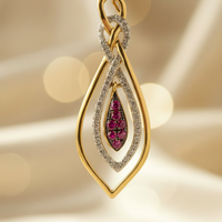 14K Yellow Gold Ruby & Diamond Double Teardrop Pendant - Full View