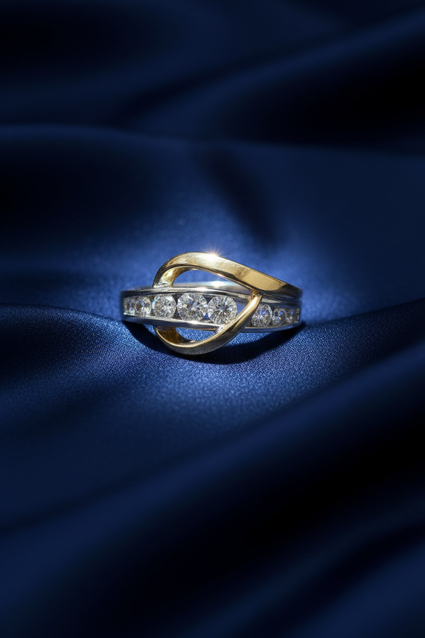 10K Two-Tone Men's Diamond Bypass Ring on midnight blue silk backdrop editorial marketing image