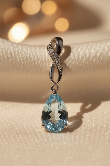 10K White Gold Pear Aquamarine & Diamond Pendant - editorial three-quarter