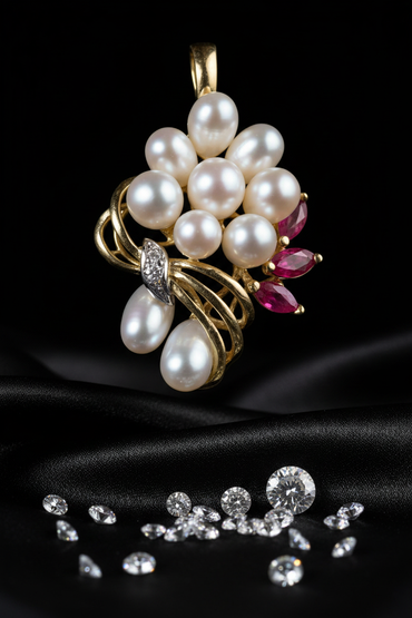 Yellow gold freshwater pearl cluster and ruby pendant - front close-up