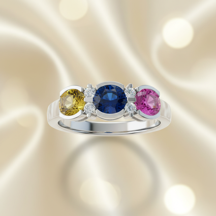 14K White Gold Three-Stone Yellow Blue Pink Sapphire Diamond Ring — Front View
