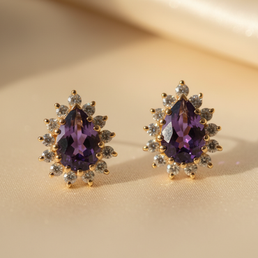 14K Yellow Gold Pear Amethyst & Diamond Halo Earrings - editorial side