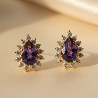 14K Yellow Gold Pear Amethyst & Diamond Halo Earrings - editorial side