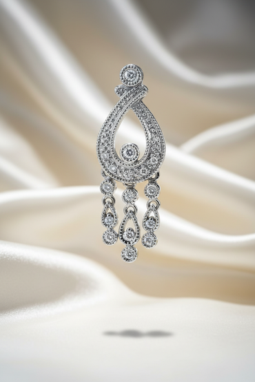 14K white gold .11ctw diamond Art Deco teardrop chandelier pendant - editorial marketing image