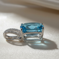 14K white gold cushion blue topaz and diamond triple bail pendant, side profile