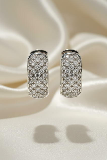 18K White Gold 0.64ctw Diamond Wide Pavé Huggie Hoop Earrings – Front View