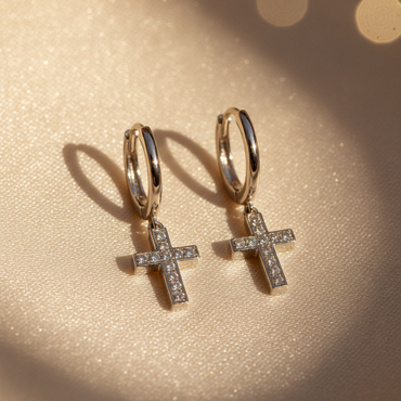 10K White Gold Diamond Cross Dangle Hoop Earrings - Marketing