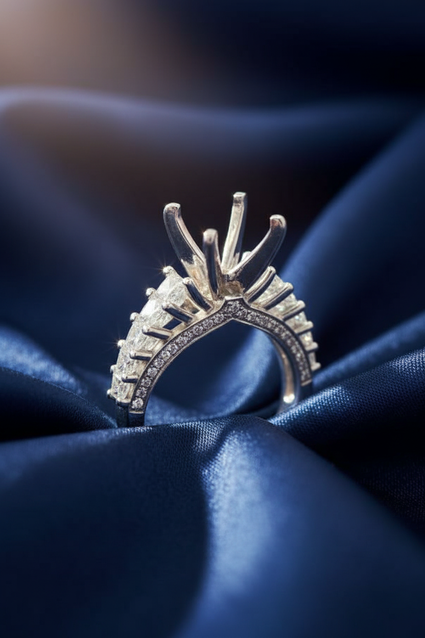 18K White Gold Five-Stone Marquise Journey Diamond Semi-Mount Engagement Ring on midnight blue silk backdrop editorial marketing image