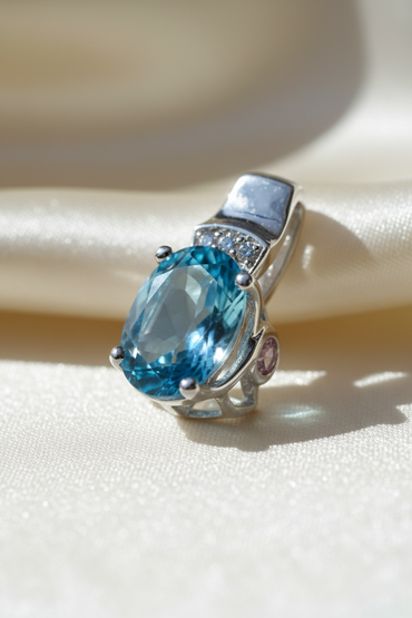 14K white gold oval blue topaz and pink tourmaline pendant, three-quarter angle