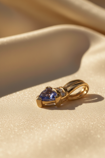 14K Yellow Gold Tanzanite Trillion & Diamond Pendant - Front View