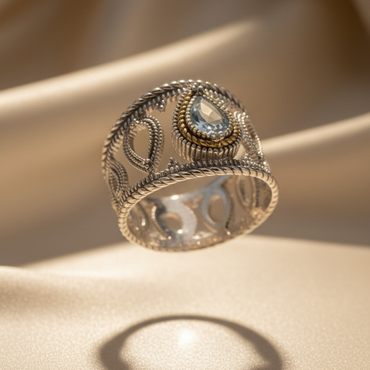 18K Gold & Sterling Silver Aquamarine Balinese Ring – Angled View