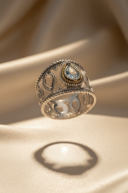 18K Gold & Sterling Silver Aquamarine Balinese Ring – Angled View