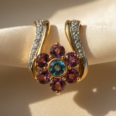14K Two-Tone Gold Pink Tourmaline Blue Topaz Diamond Horseshoe Slide Pendant - Marketing Image 2