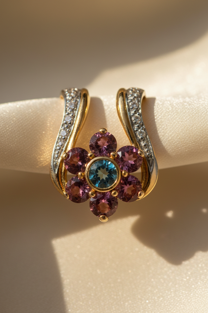 14K Two-Tone Gold Pink Tourmaline Blue Topaz Diamond Horseshoe Slide Pendant - Marketing Image 2