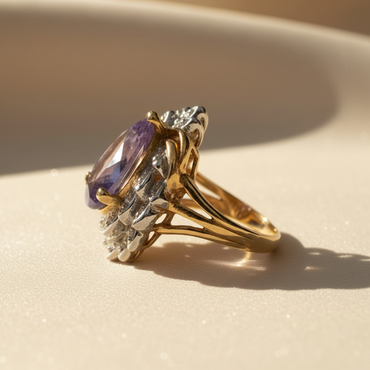 14K Yellow Gold Pear Amethyst & Diamond Ring - Editorial Side Profile