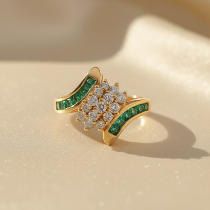 10K Yellow Gold Emerald Channel Set & Diamond Cluster Bypass Ring - marketing image 4