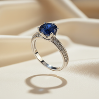 14K White Gold Blue Sapphire Solitaire Ring with Diamond Pavé Band - Three-Quarter View