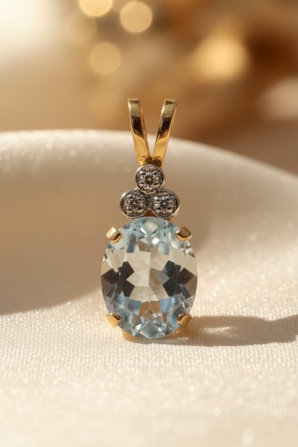 14K Yellow Gold Oval Aquamarine & Diamond Pendant - editorial front