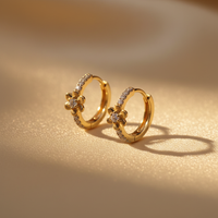 10K Yellow Gold Diamond Flower Huggie Hoop Earrings - editorial three quarter