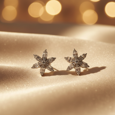 10K white gold natural diamond flower cluster stud earrings with marquise and baguette diamond petals, angle 1