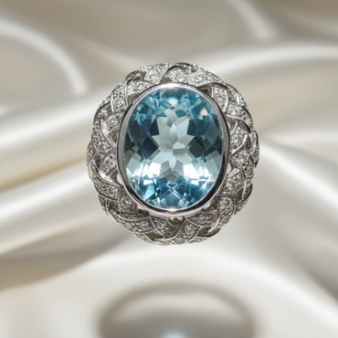 18K White Gold Aquamarine Diamond Dome Ring – Front View