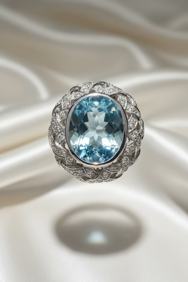 18K White Gold Aquamarine Diamond Dome Ring – Front View