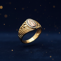 14K two-tone gold Virgin Mary ring luxury editorial marketing photo