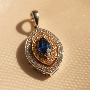 14K White & Rose Gold Marquise Sapphire & Diamond Double Halo Pendant – Angle View