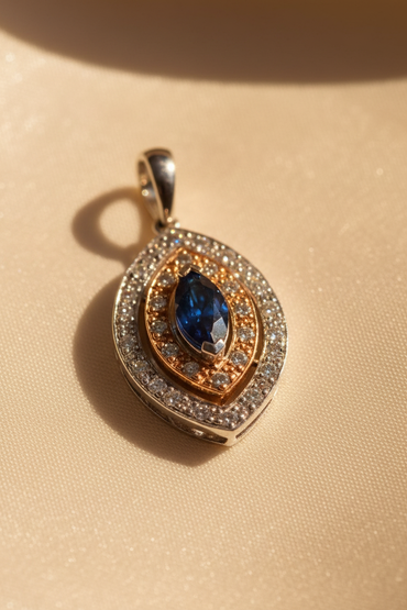 14K White & Rose Gold Marquise Sapphire & Diamond Double Halo Pendant – Angle View