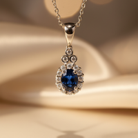14K White Gold Oval Blue Sapphire & Diamond Halo Pendant Necklace - Editorial