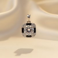 Sterling Silver CZ Black Nano Crystal Square Pendant - Front View