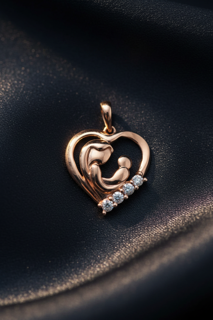 10K Rose Gold Diamond Mother and Baby Heart Pendant – Front View