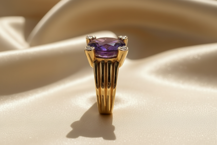 14K Yellow Gold 8x6mm Oval Amethyst and Diamond Ring - side profile